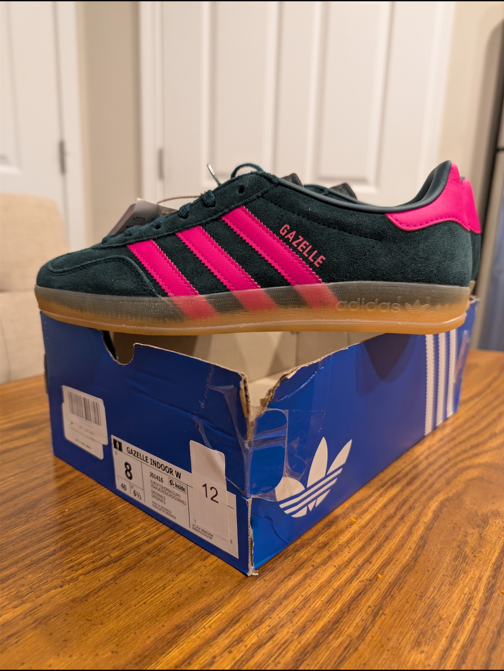 Adidas Gazelle Women’s Suede Sneaker in Black with Hot Pink Accents